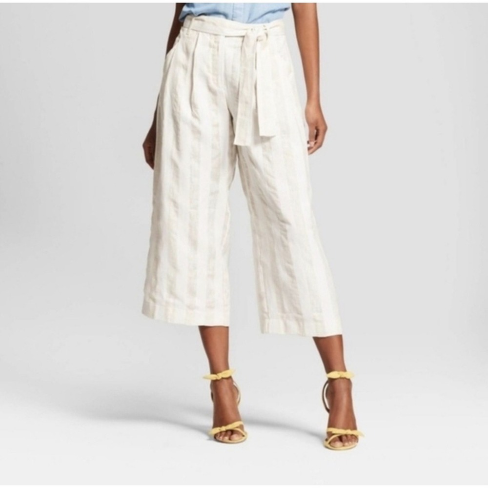Who What Wear Linen Blend Wide Leg Crop Pants Sz 4 Beige Tie Waist Lagenlook
